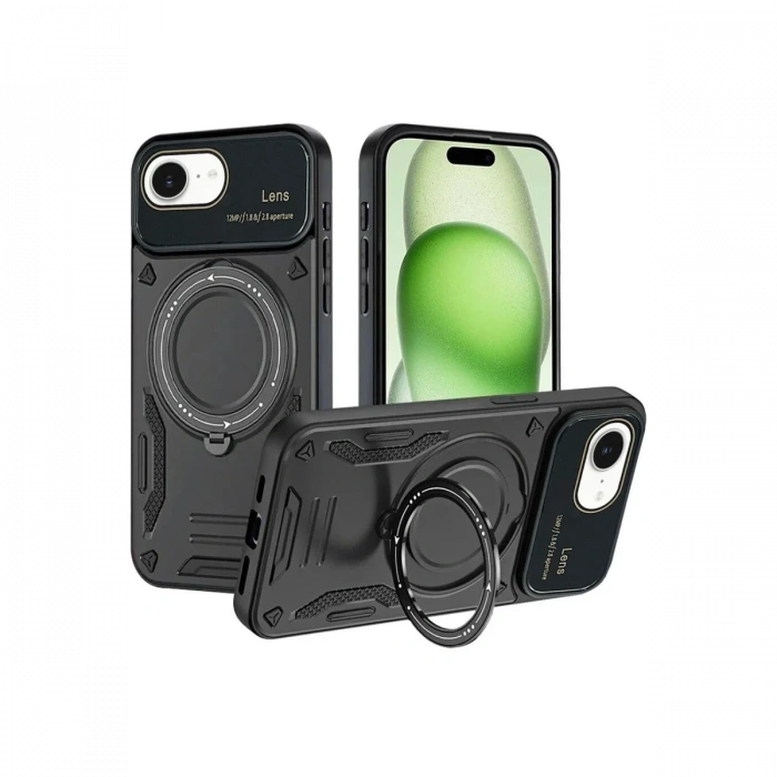 Apple iPhone 16E Uyumlu Kılıf Joy Lens Standlı Kapak - Siyah