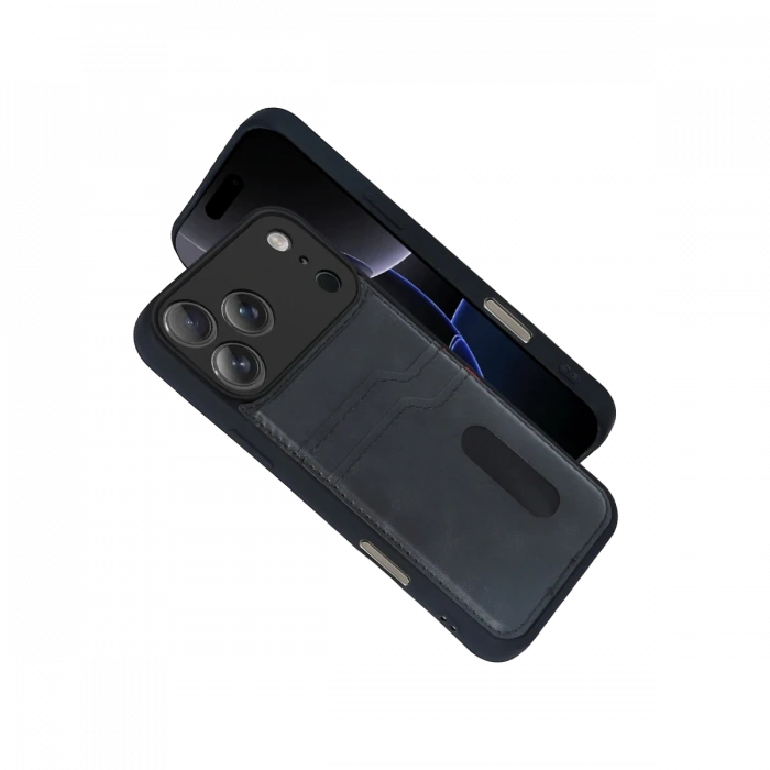 Apple iPhone 17 Pro Max Uyumlu Sara Kartvizitli Deri Kılıf - Siyah