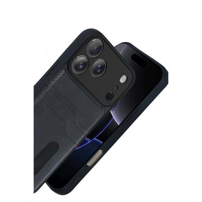 Apple iPhone 17 Pro Max Uyumlu Sara Kartvizitli Deri Kılıf - Siyah