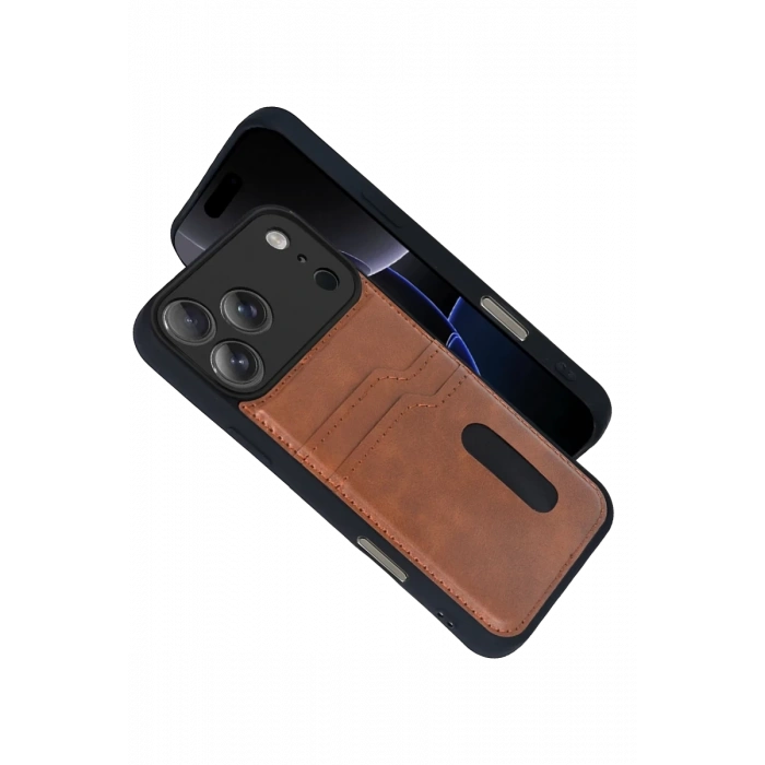 Apple iPhone 17 Pro Max Uyumlu Sara Kartvizitli Deri Kılıf - Taba
