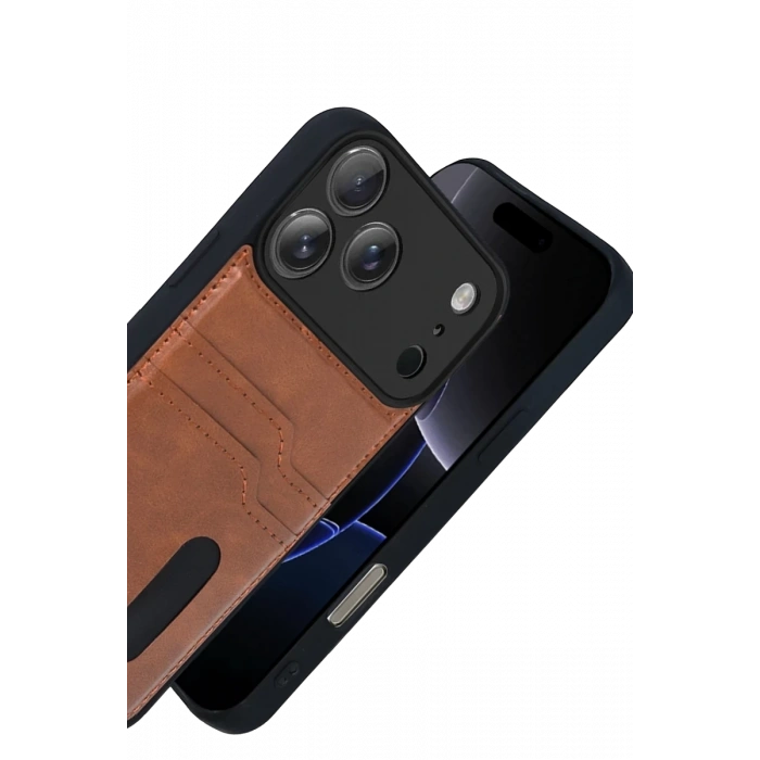 Apple iPhone 17 Pro Max Uyumlu Sara Kartvizitli Deri Kılıf - Taba