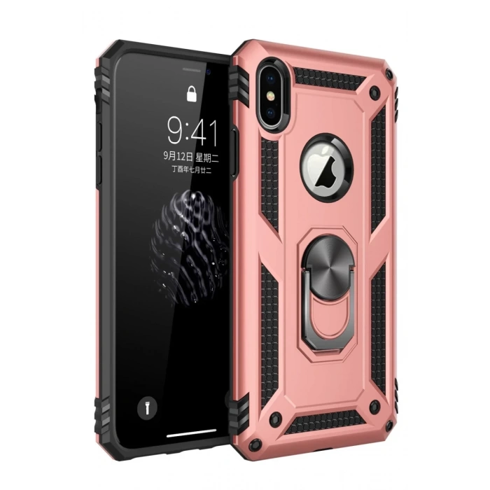 Apple iPhone X Uyumlu Kılıf Sofya Yüzüklü Silikon Kapak - Rose