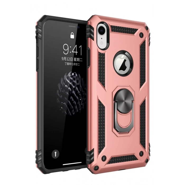 Apple iPhone XR Uyumlu Kılıf Sofya Yüzüklü Silikon Kapak - Rose