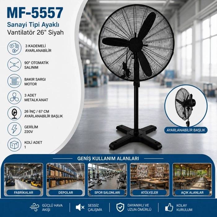 Ayaklı Sanayi Tipi Vantilatör - Metal Pervane, 3 Kademe, 220V