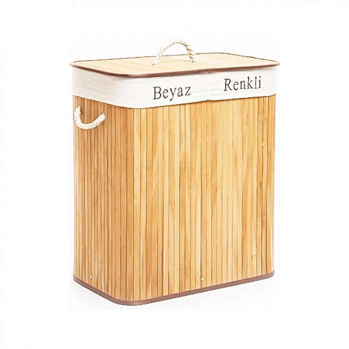 Bambu Ahşap 2 Bölmeli Çamaşır Sepeti 52x32x62 cm