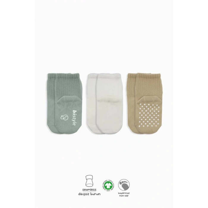 Basic Kaymaz Penye Soket Çorap 3Lü BS10107 Nil Ekru Bej
