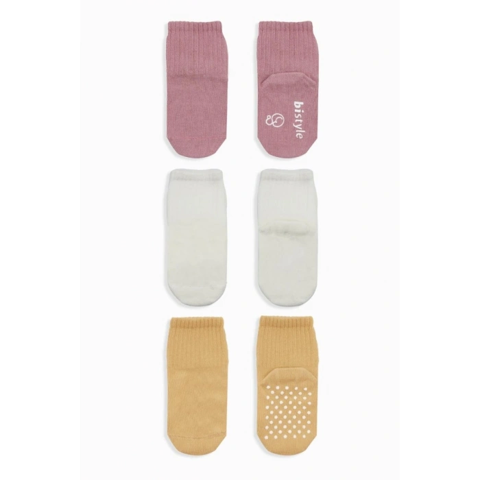 Basic Kaymaz Penye Soket Çorap 3Lü BS10107 Pudra Ekru Somon