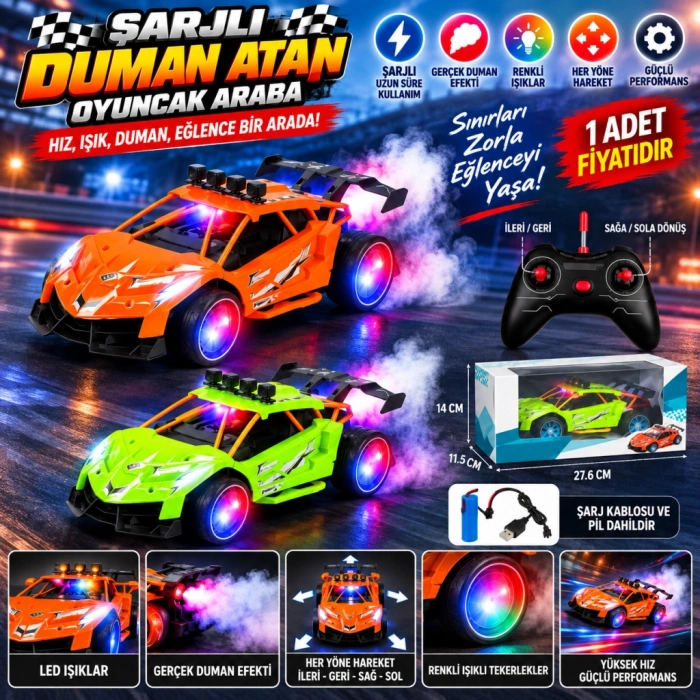 CD8201P+ ŞARJLI DUMAN ATAN ARABA OYUNCAK ARABA (adet fiyatıdır)