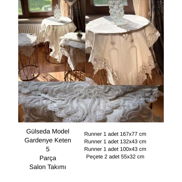 Çeyizlik Gülseda Model Krem-Krem 5 Parça Keten Masa Örtüsü Runner Seti