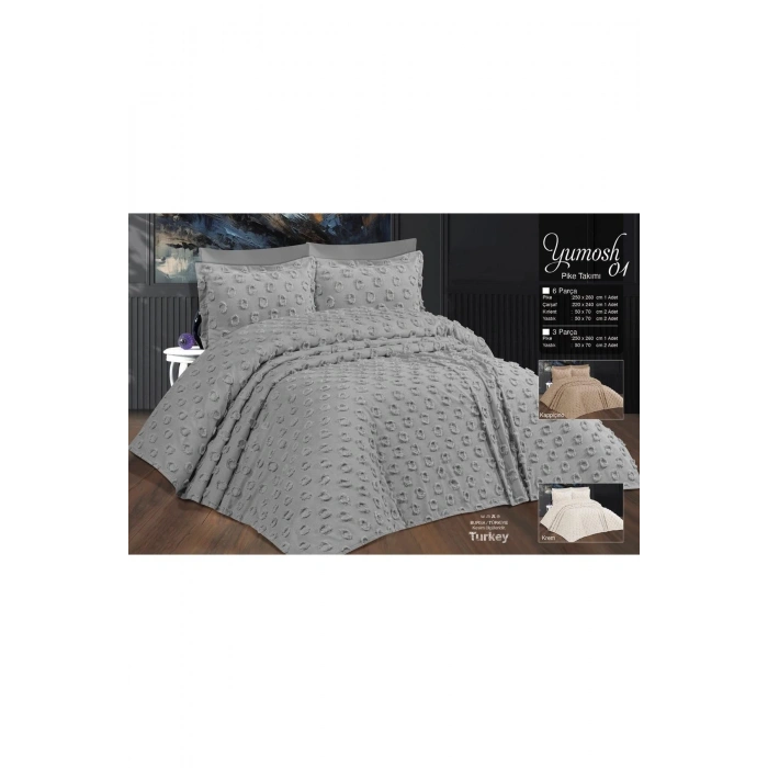 Çift Kişilik Yatak Örtüsü Gri 3 Parça Yatak Örtüsü Bedspread