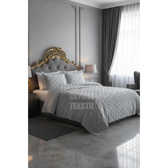 Çift Kişilik Yatak Örtüsü Gri 3 Parça Yatak Örtüsü Bedspread