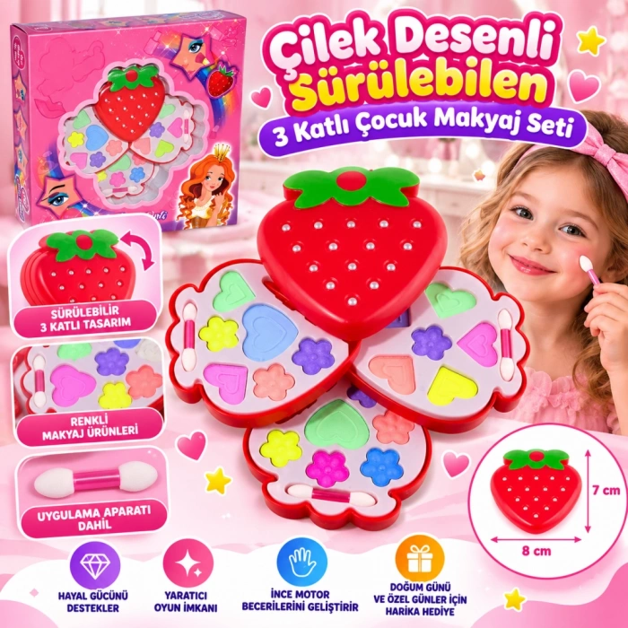 Çilek Desenli Sürülebilen 3 Katlı Çocuk Makyaj Seti