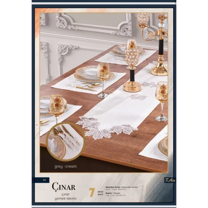 Çınar Keten Yemek Takımı Masa Seti 6 Kişilik 7 Parça Supla Runner Set Krem