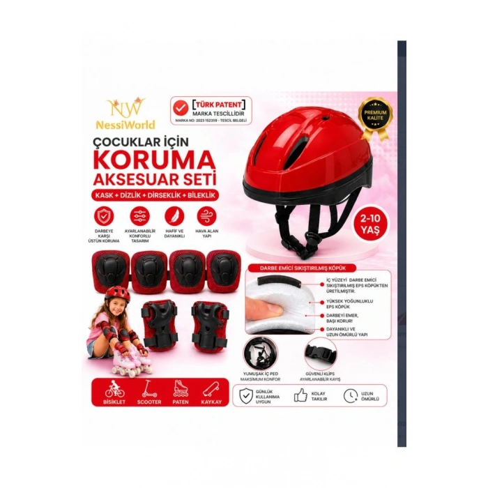 Çocuk Kaskı Ve Dizlik, Dirseklik Eldiven Set KIRMIZ/KIRMIZISİYAH