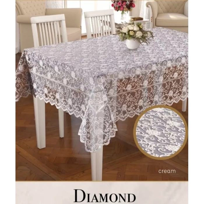 Dertsiz Daimond Model Krem 160x220cm İşlemeli Dantelli Tek Masa Örtüsü