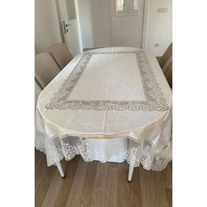 Desenli Dertsiz Örme Leke Tutmaz Dantelli Masa Örtüsü, Çini Desen Masa Örtüsü - Ekru