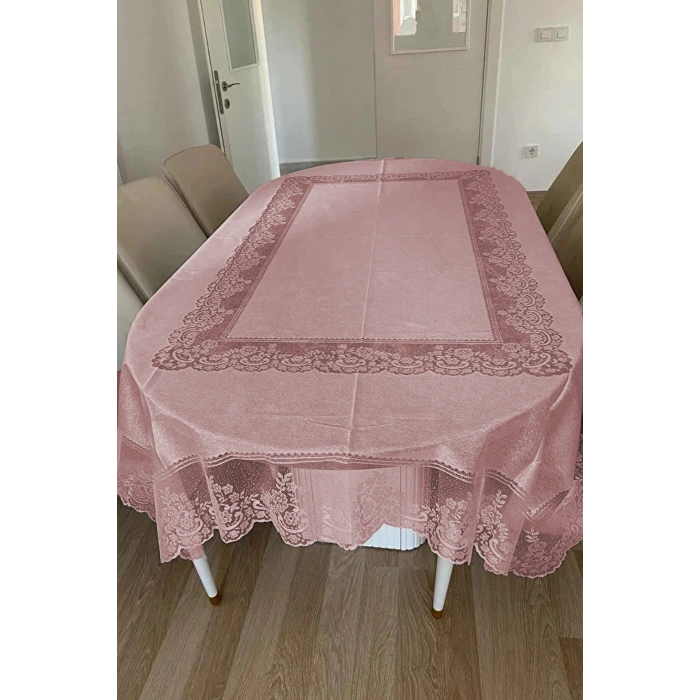 Desenli Dertsiz Örme Leke Tutmaz Dantelli Masa Örtüsü, Çini Desen Masa Örtüsü - Pudra