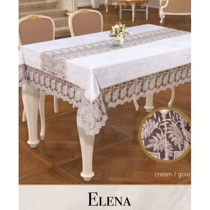 Elena Model Krem-Gold Keten 160x220 cm İşlemeli Dantelli Şık Masa Örtüsü