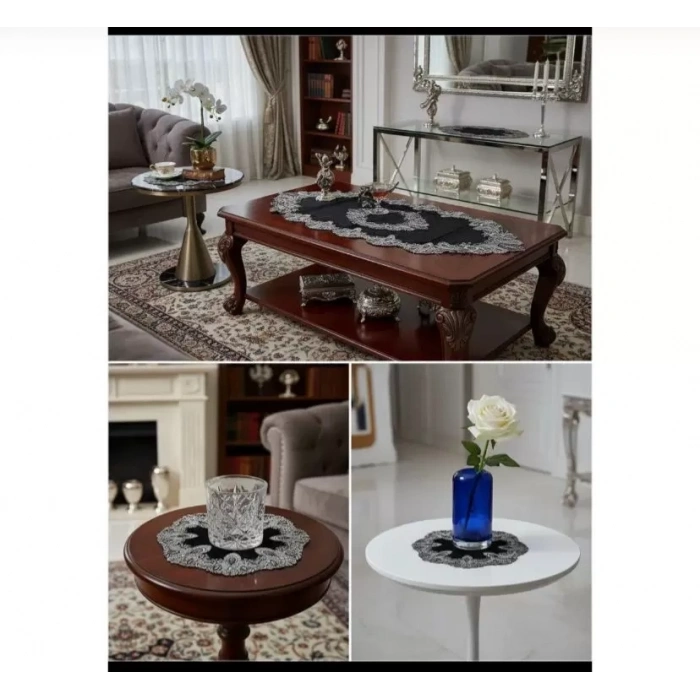 Elora Model Siyah Velvet Kadife 5 Parça Dantelli Salon Takımı Runner Seti
