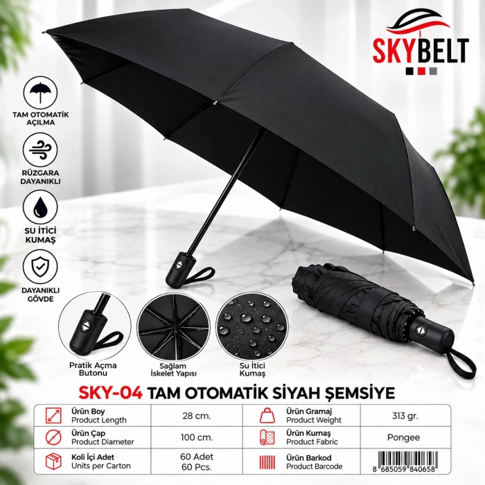 Erkek Tam Otomatik Siyah Şemsiye
