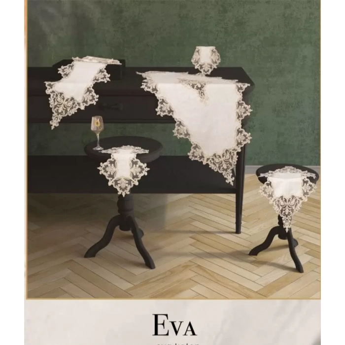Eva Model Krem-Krem 5 Parça Keten Dantelli Salon Takımı Runner Seti No 111