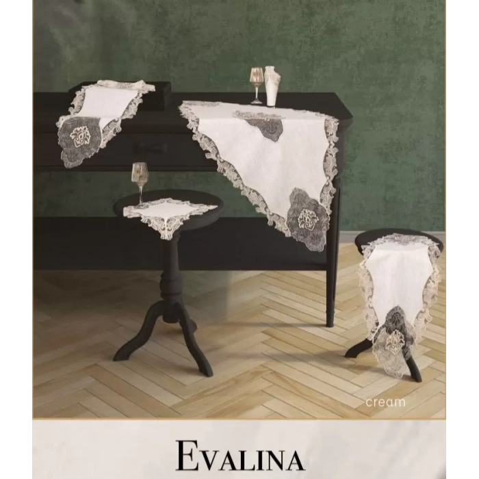 Evalina Model Krem-Krem 5 Parça Keten Dantelli Runner Seti Salon Takımı