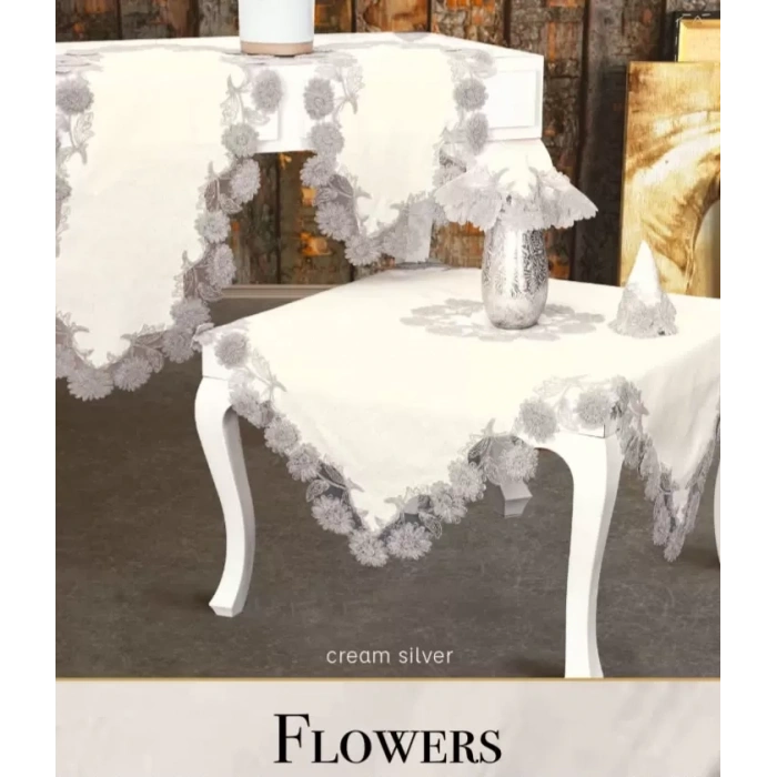 Flowers Model Krem 5 Parça Keten Dantelli Runner Seti Lüks Salon Takımı