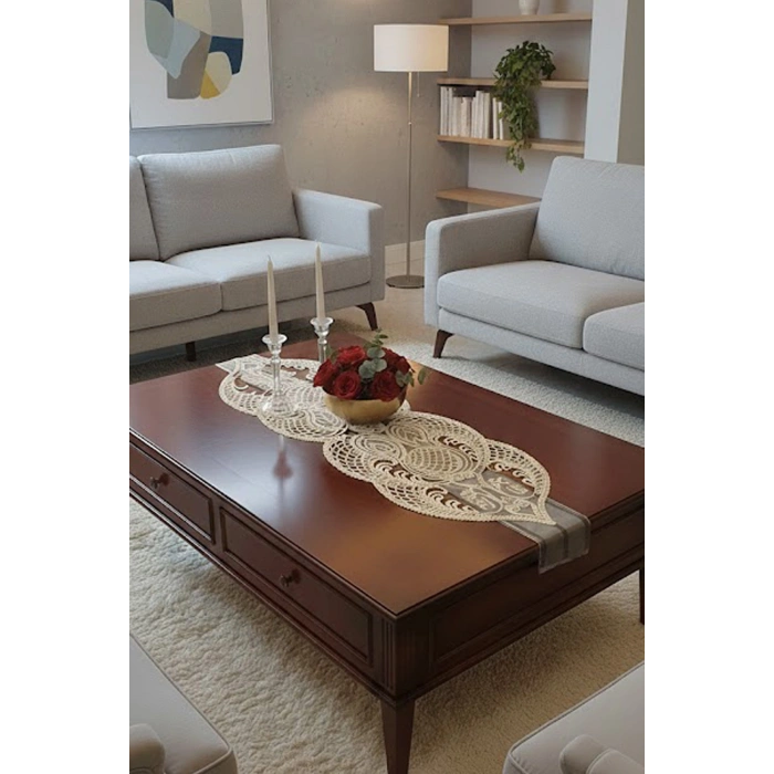 Fransız Dantel Detaylı Tek Runner, Masa Üzerine Runner, Masa Örtüsü Runneri