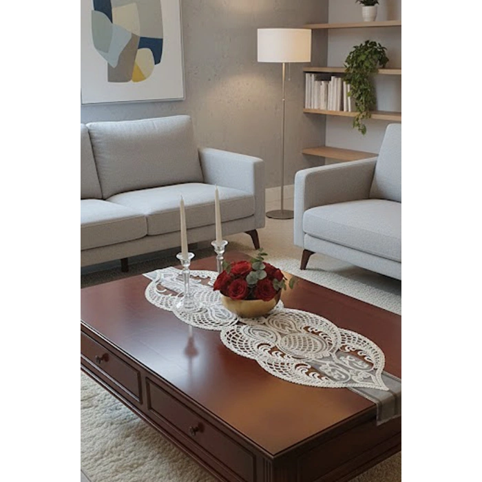 Fransız Dantel Detaylı Tek Runner, Masa Üzerine Runner, Masa Örtüsü Runneri