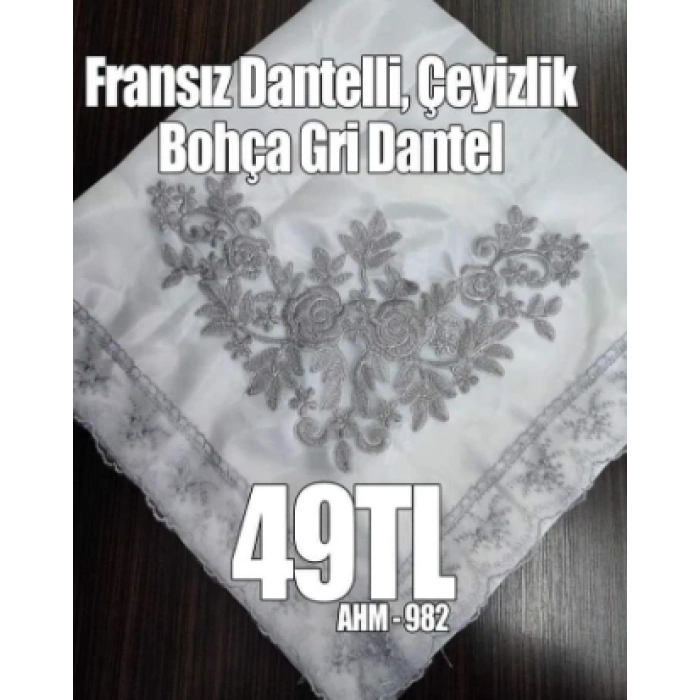 Fransız Dantelli Çeyizlik Bohça Gri Dantel