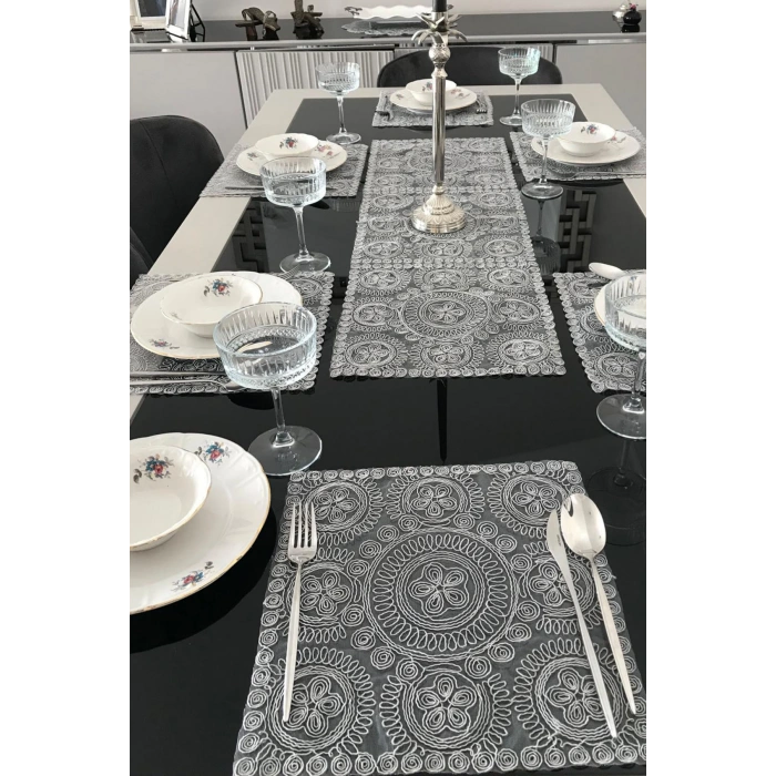 Fransız Dantelli Runner ve Supla Takımı (1 Runner, 6 Supla) - Gri