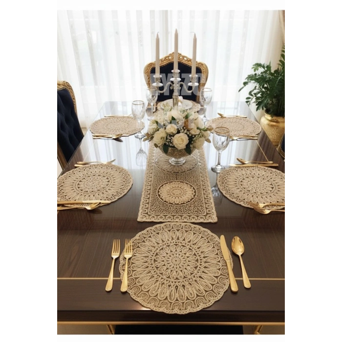 Fransız Dantelli Runner Ve Supla Takımı (1 Runner, 6 Supla) Kahve