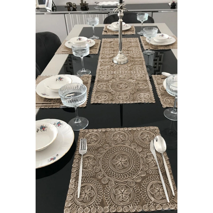 Fransız Dantelli Runner ve Supla Takımı (1 Runner, 6 Supla) Kapuçino