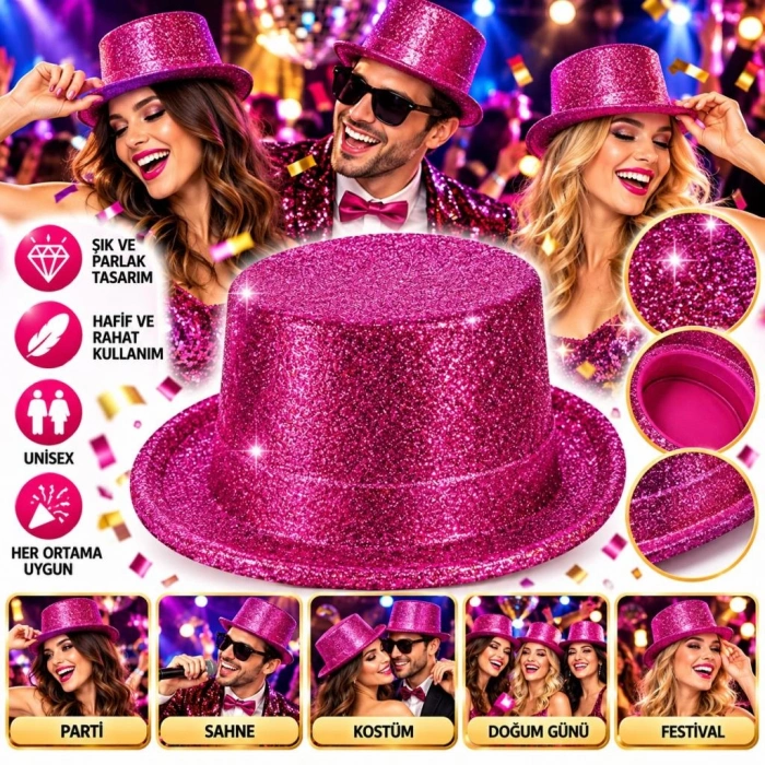 Fuşya Simli Glitter Silindir Parti Şapkası