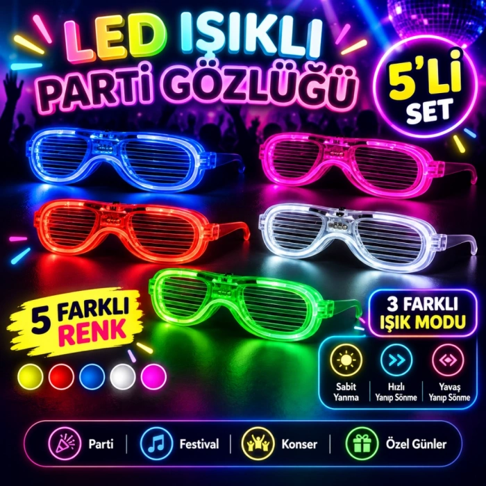 Glow Model Led Işıklı Parti Gözlüğü 3 Modlu 5 Renk 5 Adet