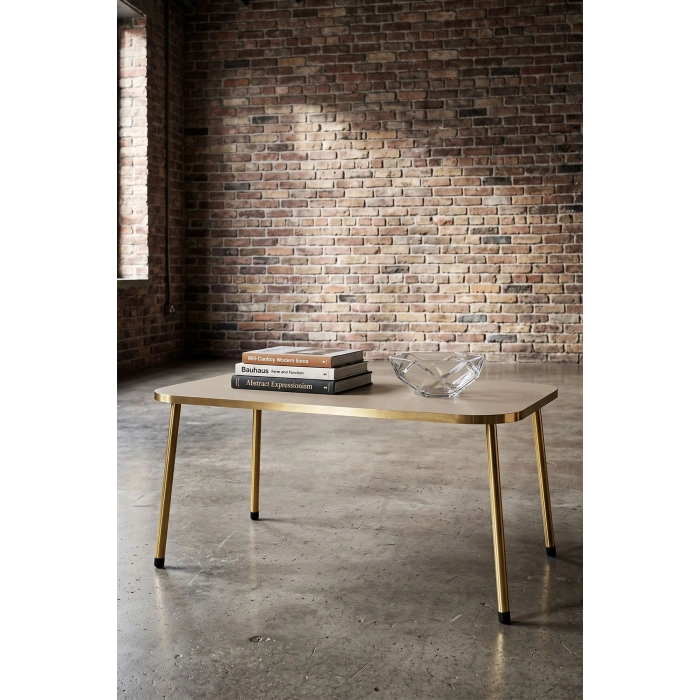 Gold Metal Dikdörtgen Orta Sehpa Krem