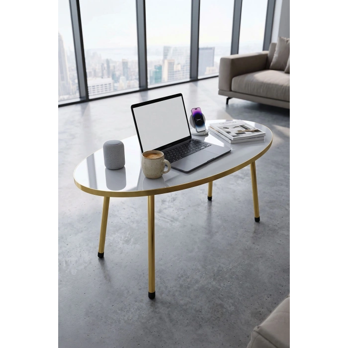 Gold Metal Oval Orta Sehpa Beyaz