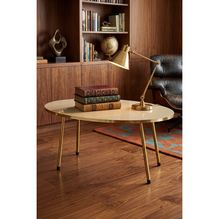 Gold Metal Oval Orta Sehpa Krem