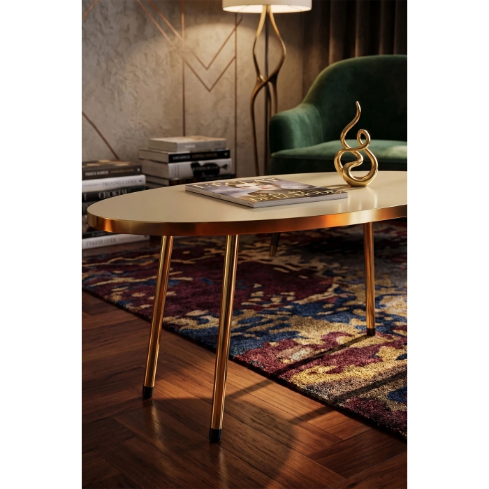 Gold Metal Oval Orta Sehpa Krem