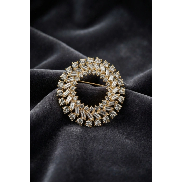 Gold Renk Zirkon Taşlı Halka Model Broş