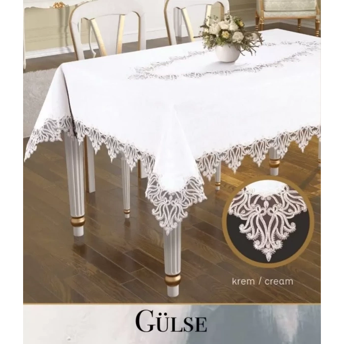 Gülse Model Keten Tek Masa Örtüsü 155x260 cm Krem Dantelli Yemek Masası