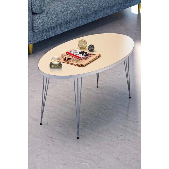 Gümüş Tel Oval Sehpa Krem Bej