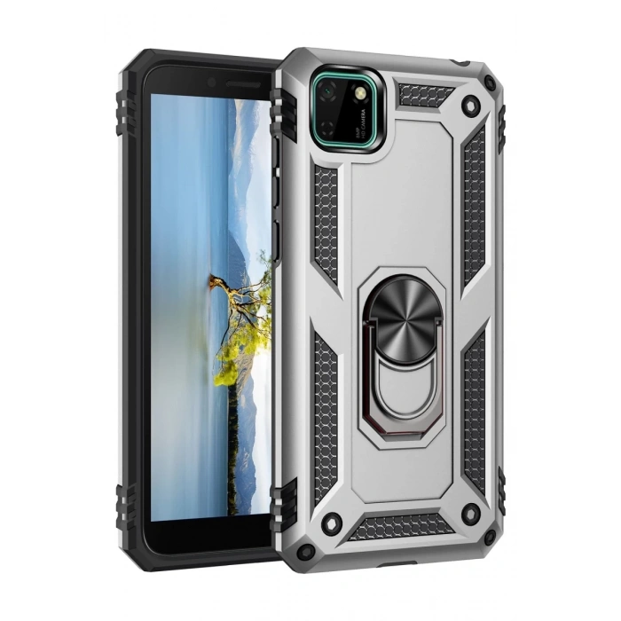 Huawei Y5P Uyumlu Kılıf Sofya Yüzüklü Silikon Kapak - Gümüş