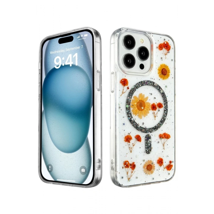 Apple iPhone 14 Pro Kılıf Daisy Simli Magsafe Kapak - Siyah