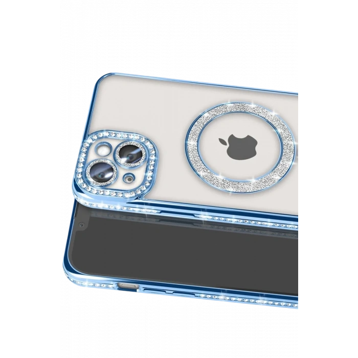 Apple iPhone 15 Kılıf Joke Simli Magneticsafe Kılıf - Mavi