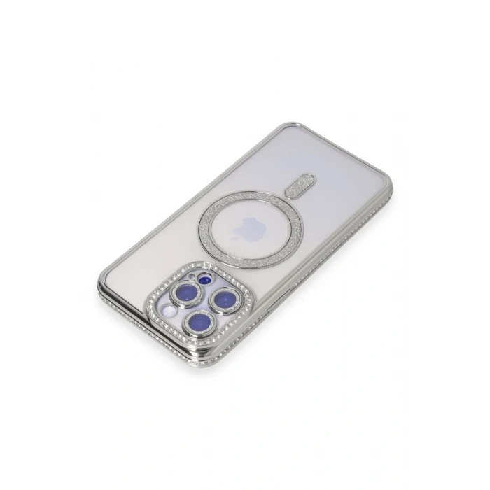 Apple iPhone 15 Pro Max Kılıf Joke Simli Magneticsafe Kılıf - Gümüş