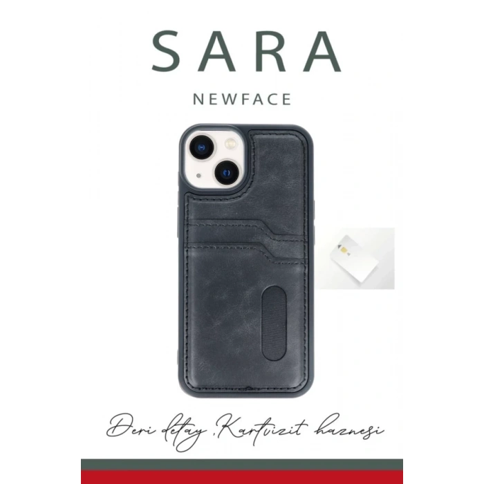 Apple iPhone 15 Sara Kartvizitli Deri Kılıf - Siyah