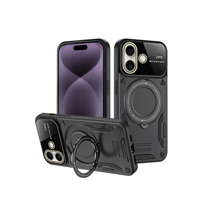 Apple iPhone 16 Kılıf Joy Lens Standlı Kapak - Siyah