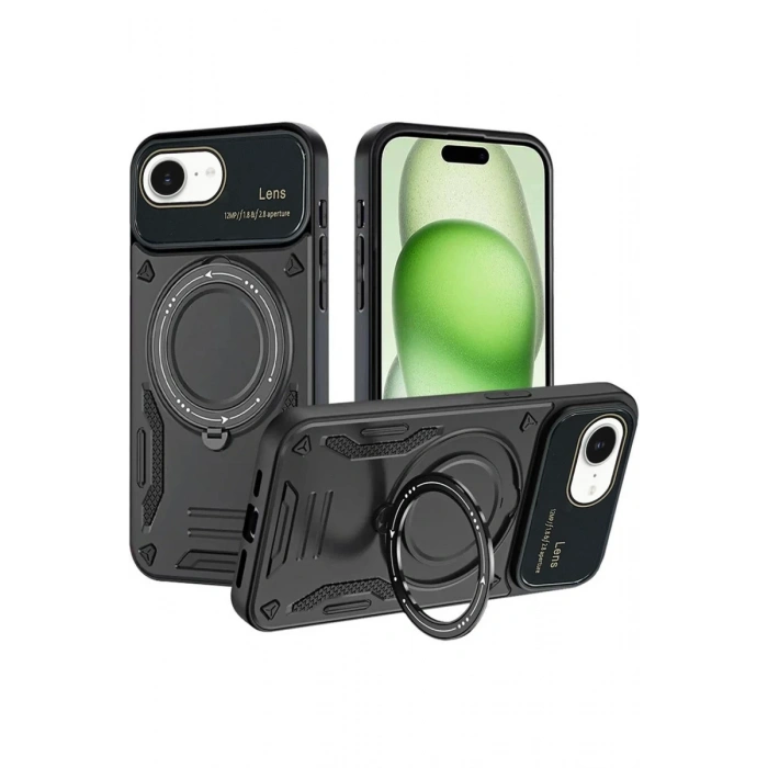 Apple iPhone 16E Kılıf Joy Lens Standlı Kapak - Siyah