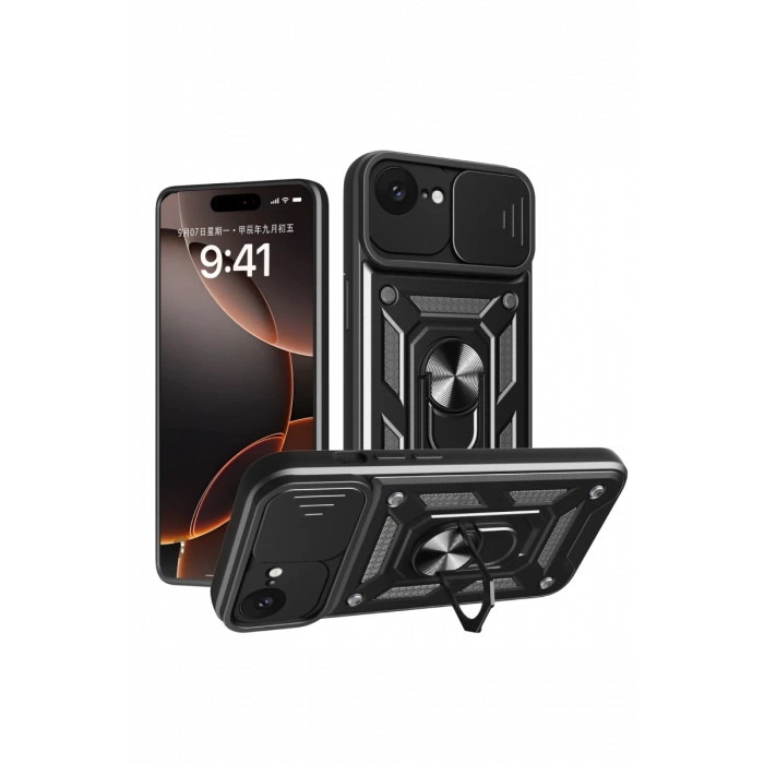 Apple iPhone 16E Kılıf Pars Lens Yüzüklü Silikon - Siyah